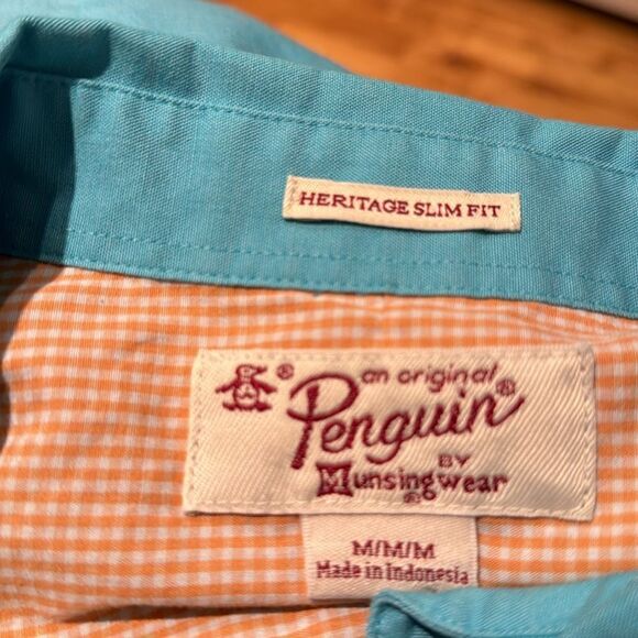 Penguin turquoise Heritage Slim Fit button down shirt. Orange gingham accents. M - Picture 8 of 8